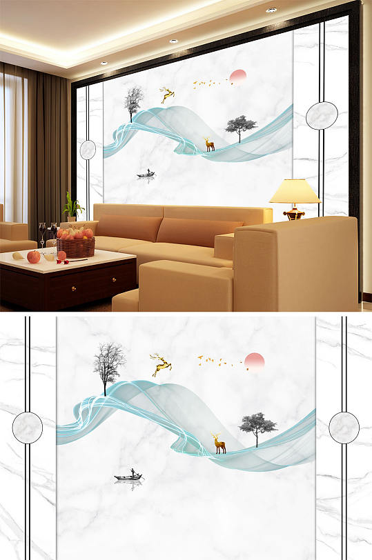 水墨画树飘带小船大雁太阳意境背景墙-众图网