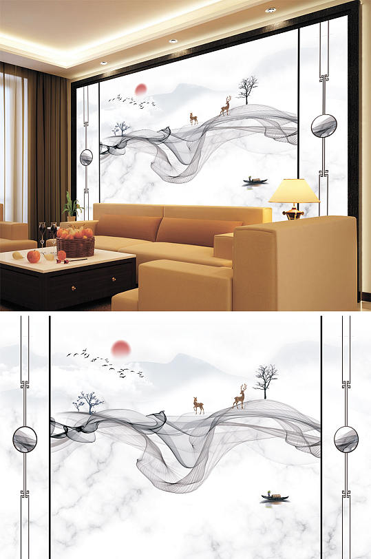 水墨画飘带树太阳小船背景墙-众图网