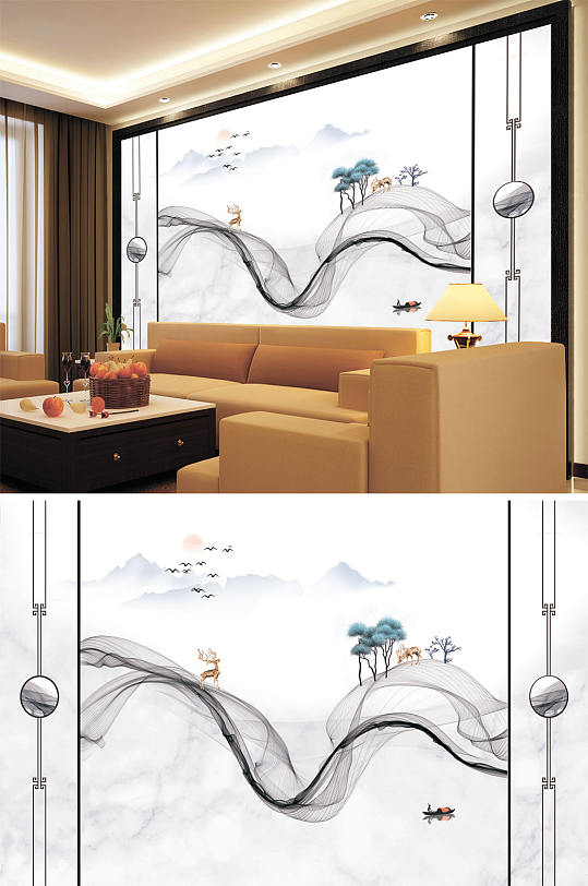 水墨画飘带树梅花鹿造型意境背景墙-众图网