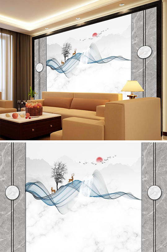 树梅花鹿飘带太阳造型背景墙-众图网