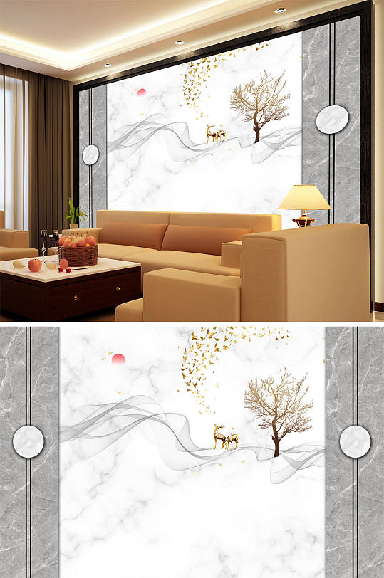 山水画造型飘带梅花鹿意境背景墙-众图网