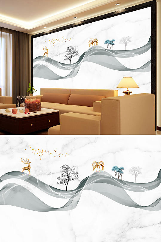 水墨画飘带大理石纹树梅花鹿意境背景墙-众图网