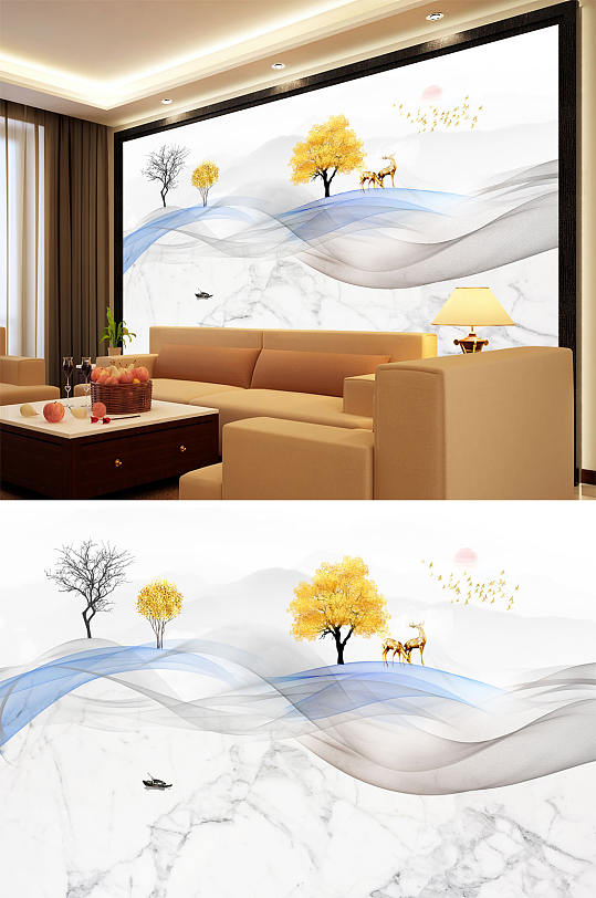 水墨画飘带树小船背景墙-众图网