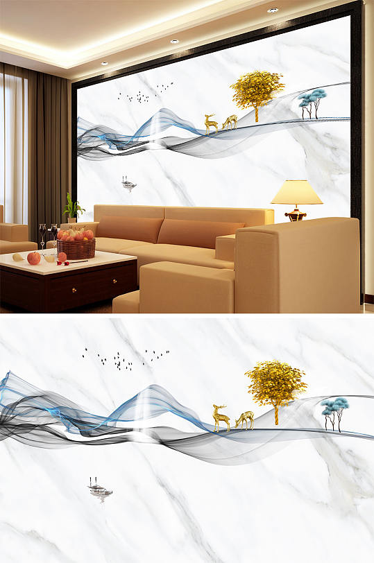 水墨画树鹿小船飘带背景墙-众图网