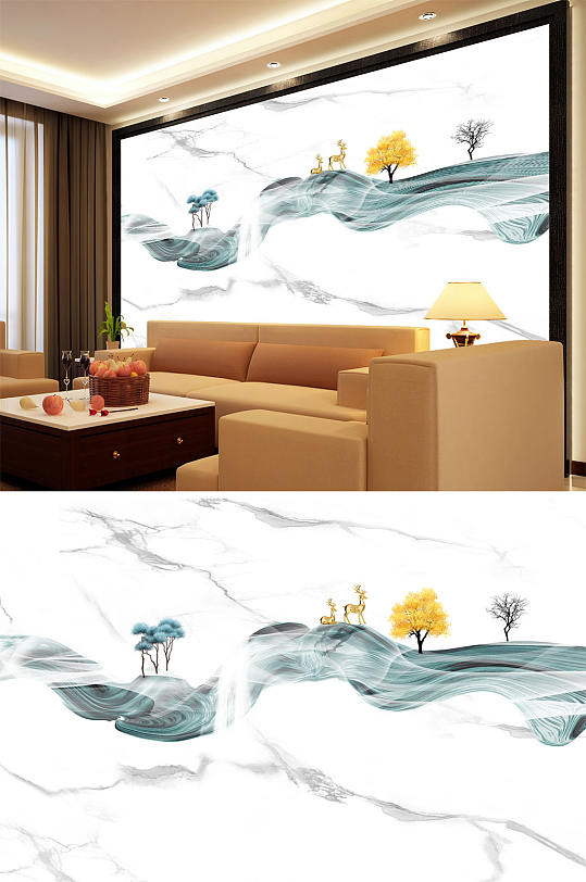 山水画飘带树大理石纹梅花鹿意境背景墙-众图网