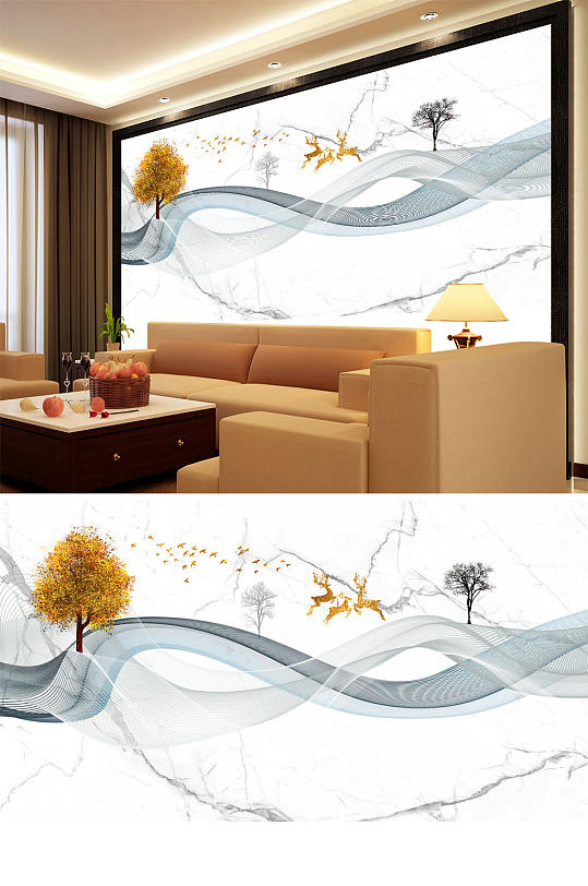 山水画梅花鹿飘带小船背景墙-众图网