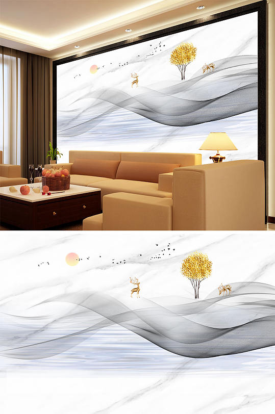 山水风景树梅花鹿飘带意境背景墙-众图网