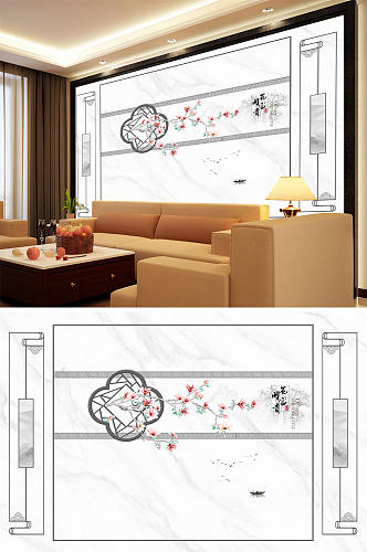 花鸟画梅花花开富贵小船造型背景墙