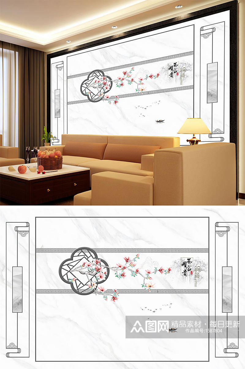 花鸟画梅花花开富贵小船造型背景墙素材