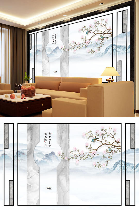 花鸟画梅花造型小船背景墙-众图网