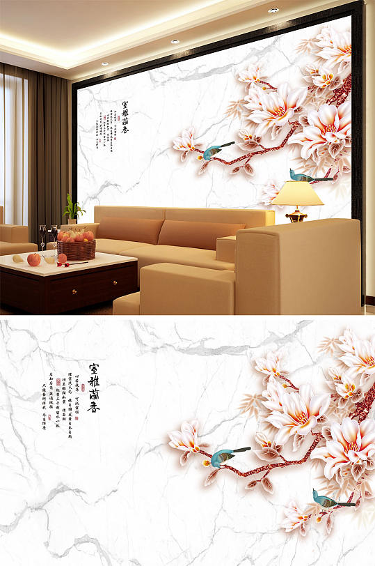 花鸟画玉兰花室雅兰香大理石底纹背景墙-众图网