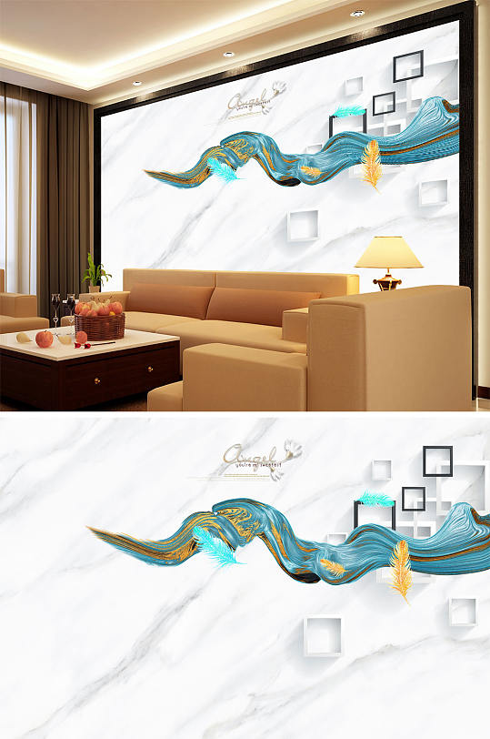 水墨画飘带框框羽毛背景墙-众图网