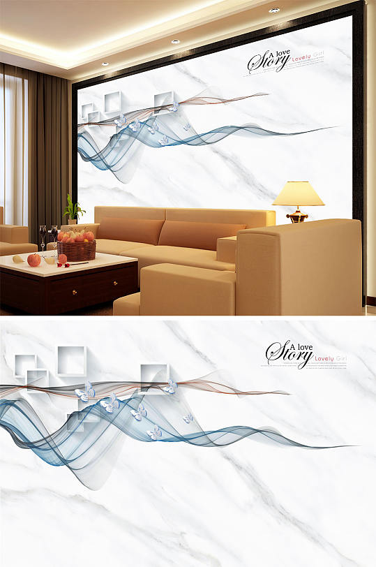 飘带蝴蝶框框大理石纹背景墙-众图网