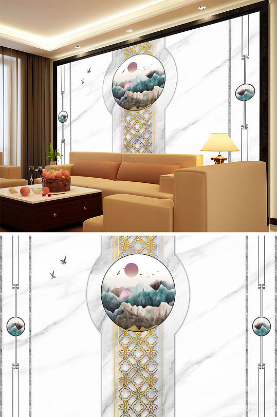 水墨画大理石太阳造型背景墙-众图网