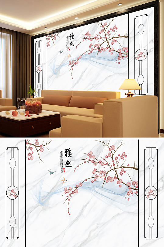花鸟画梅花飞鸟造型背景墙-众图网