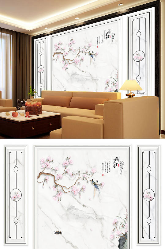 花鸟画梅花造型大理石底纹背景墙-众图网