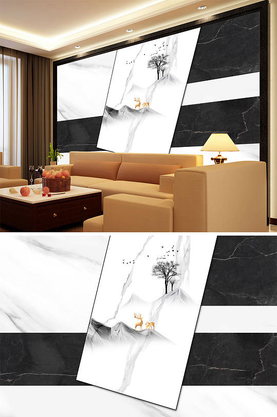 水墨画大理石纹大理石色块鹿树背景墙-众图网