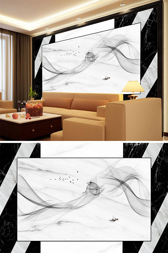 大理石纹飘带小船背景墙-众图网