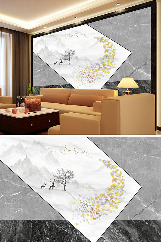 鹿树大理石纹大力色块背景墙-众图网