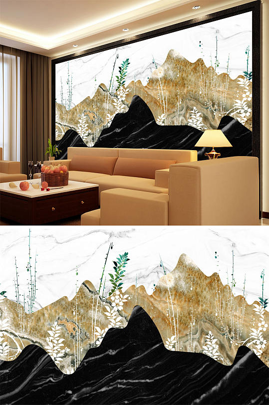 山水画大理石纹小碎花背景墙-众图网