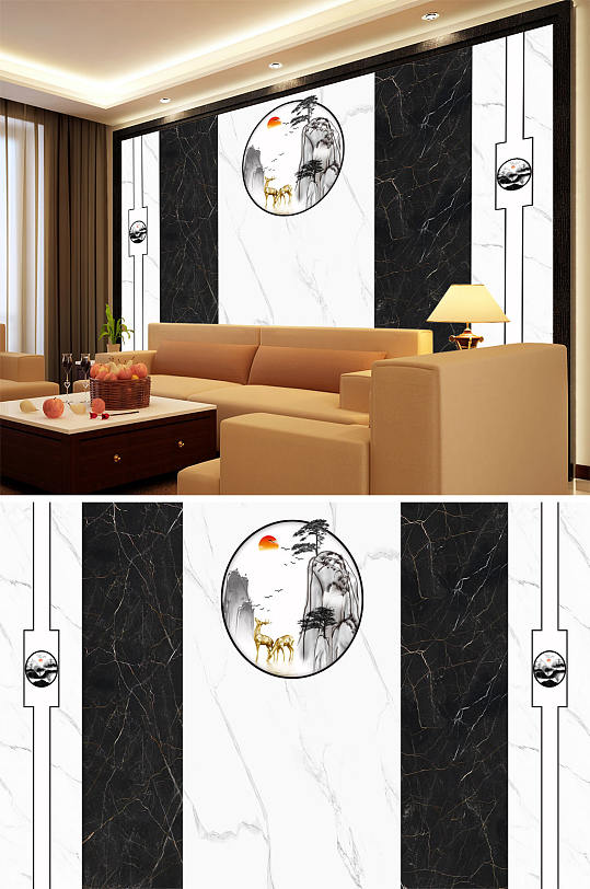 水墨画圆鹿大理石色块造型背景墙-众图网