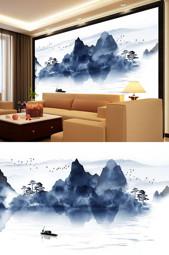 水墨山水小船大雁松树背景墙-众图网
