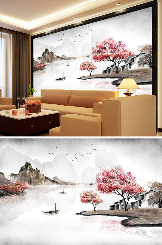 水墨山水小船高山驼峰背景墙-众图网