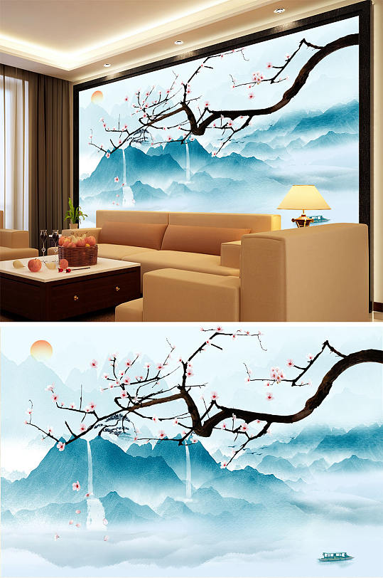 水墨山水小船太阳水墨梅花背景墙-众图网