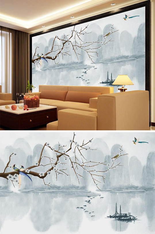 水墨山水小船梅花意境背景墙-众图网