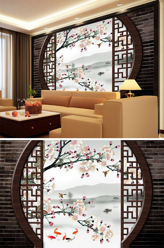 梅花屏风中式山水花鸟画-众图网