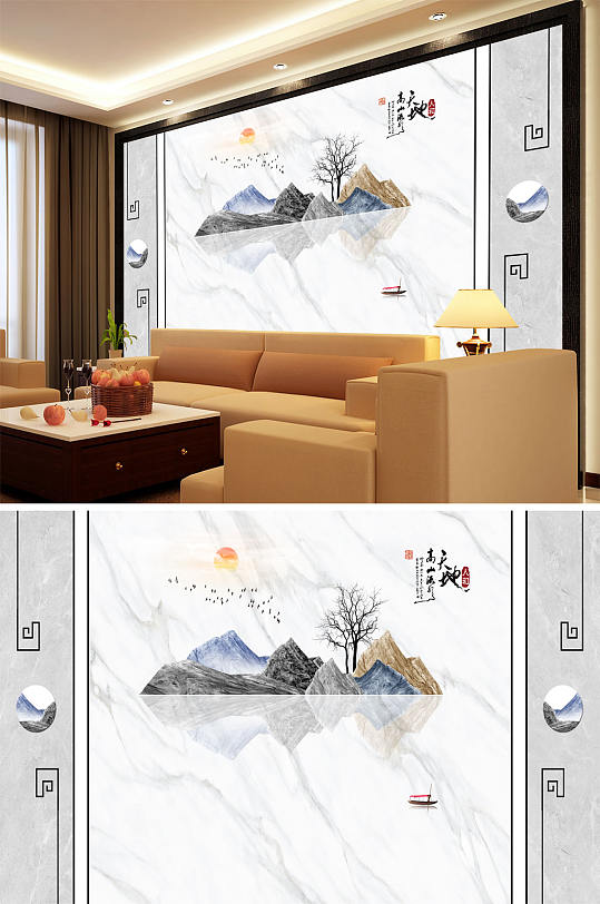 山水画高山流水背景墙-众图网