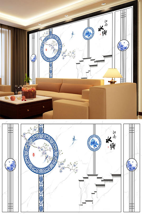 花鸟画江南水乡梅花背景墙-众图网