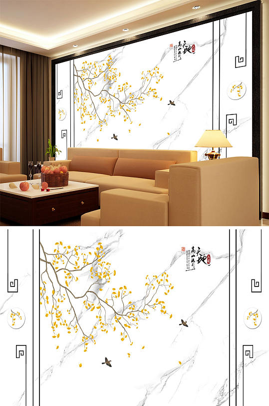 高山流水花鸟背景墙-众图网