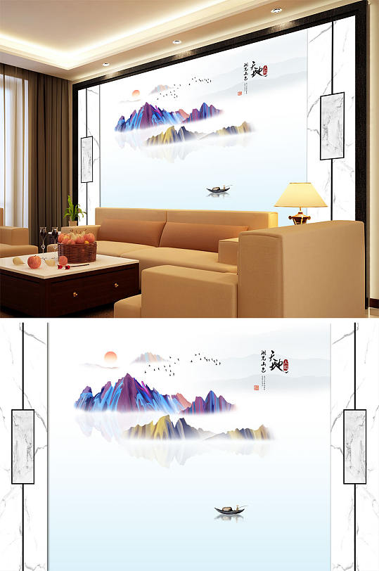 水墨山水小船天地人和背景墙-众图网
