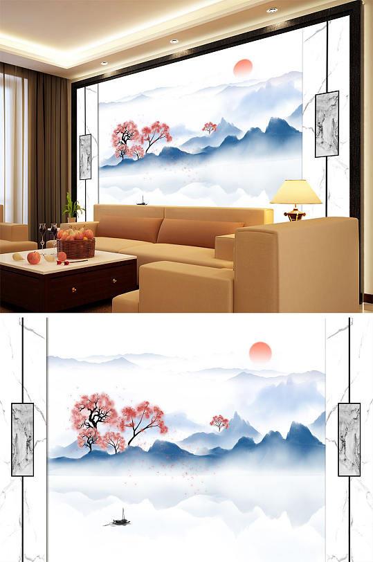 水墨山水太阳树造型背景墙-众图网