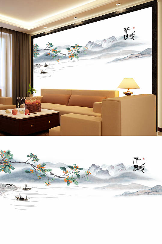 水墨画小船和顺背景墙-众图网