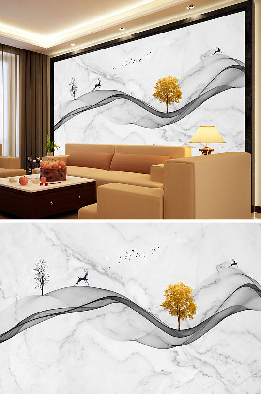 水墨画树鹿飘带背景墙-众图网