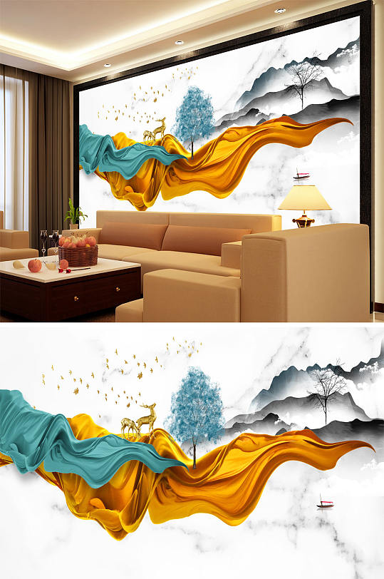 水墨画梅花鹿树大雁背景墙-众图网