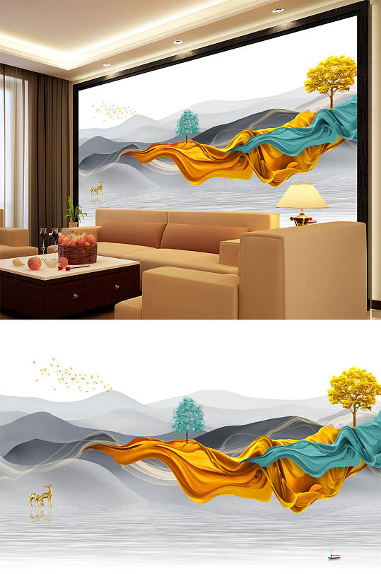 山水画彩带黄金树背景墙