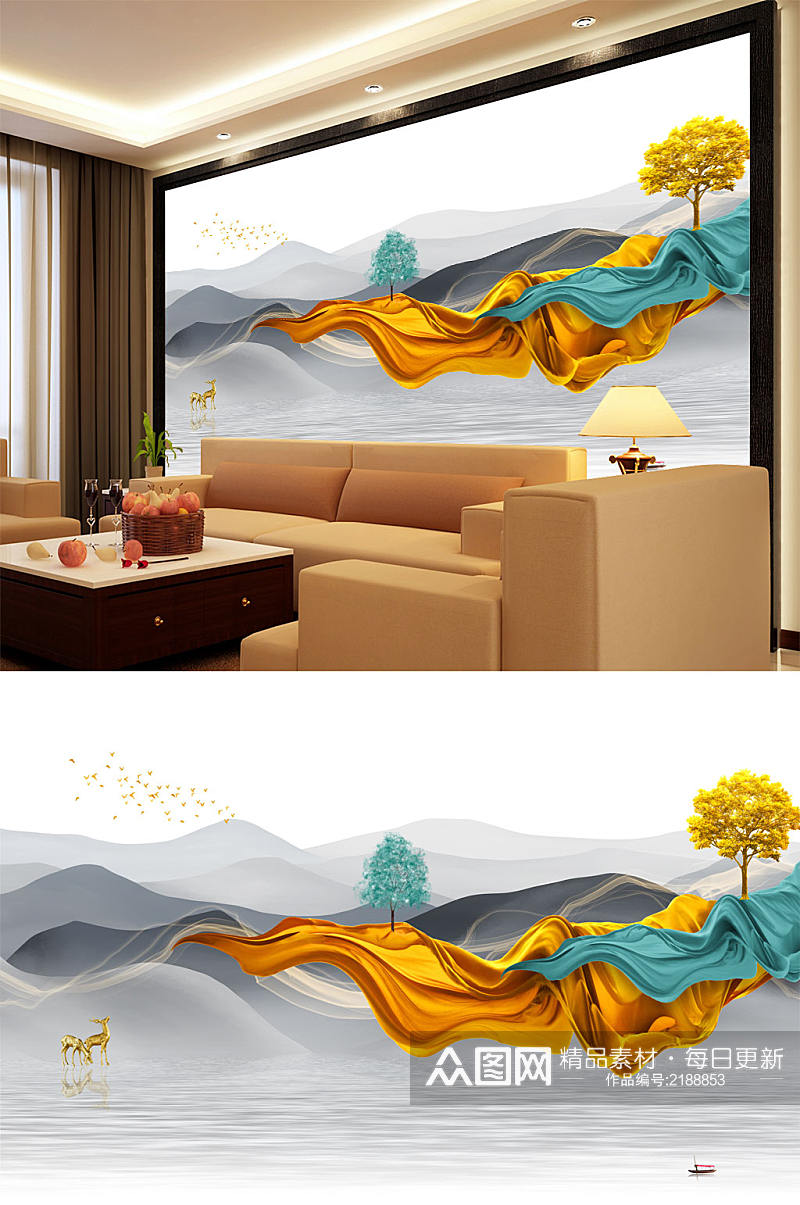 山水画彩带黄金树背景墙素材