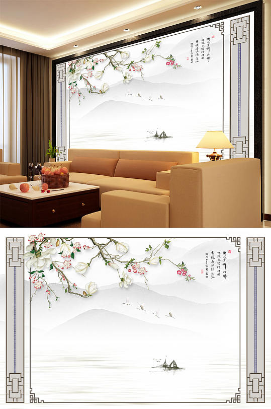 水墨画花鸟画小船背景墙-众图网