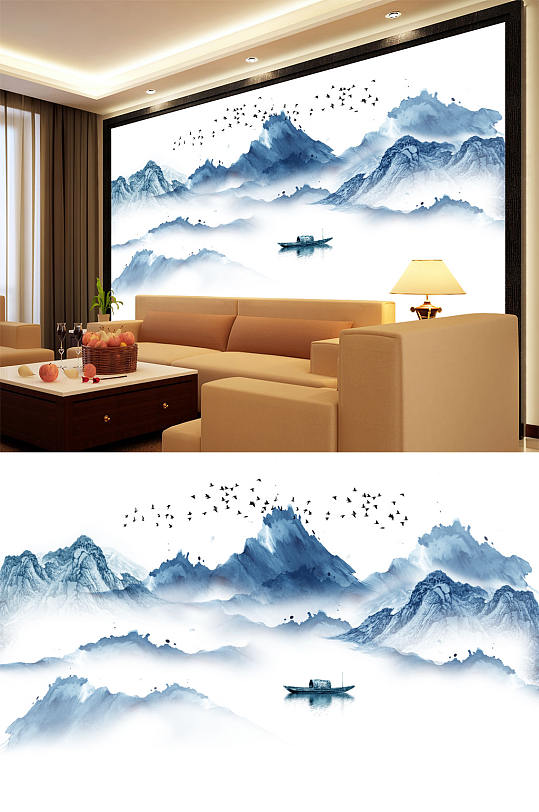 水墨画水墨山水小船大雁背景墙-众图网