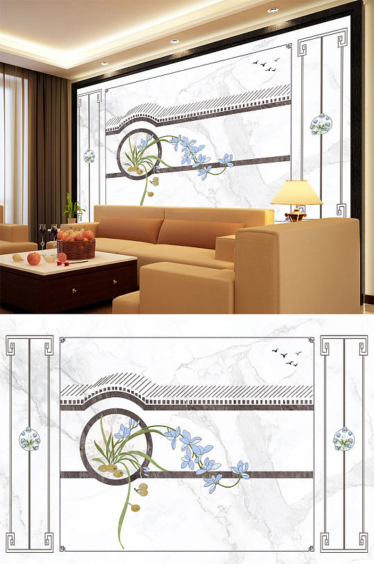 兰花造型大理石纹背景墙-众图网