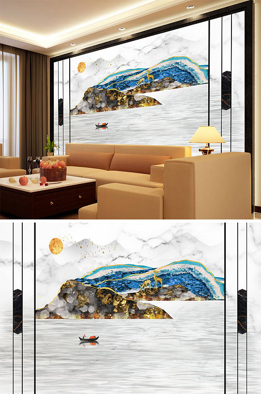 山水画太阳梅花鹿背景墙-众图网