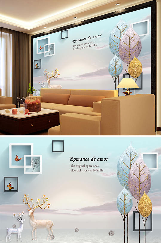 梅花鹿树框框蝴蝶背景墙-众图网