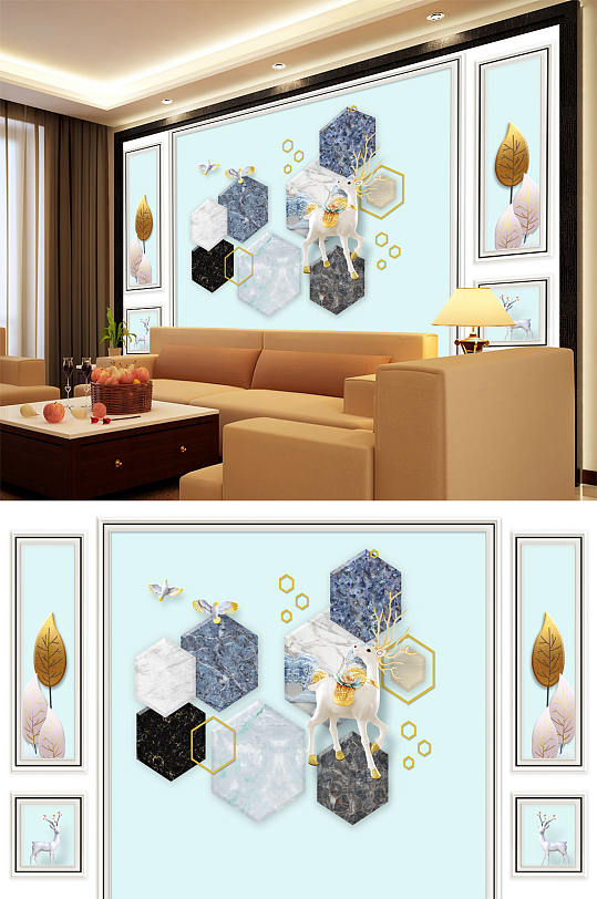 几何大理石色块梅花鹿背景墙-众图网