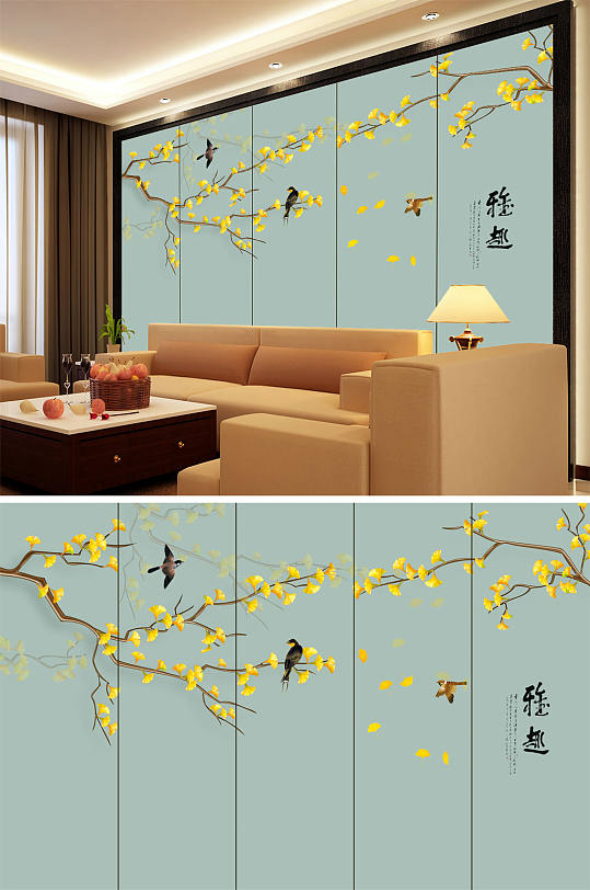 花鸟画银杏树飞鸟背景墙-众图网