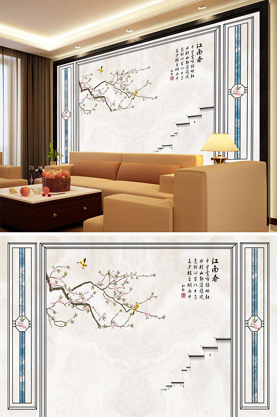 花鸟画江南春造型马头墙背景墙-众图网