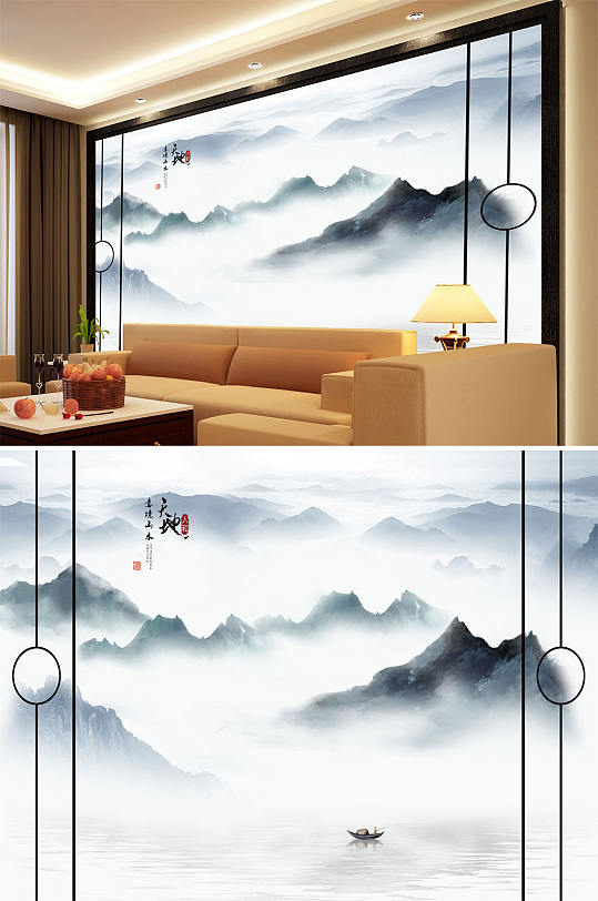 水墨山水小船天地人和背景墙-众图网