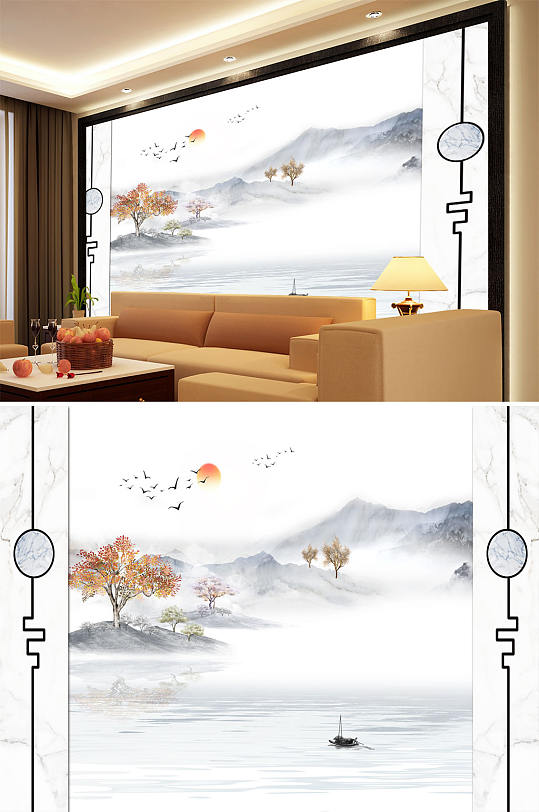 水墨山水小船太阳大雁造型背景墙-众图网